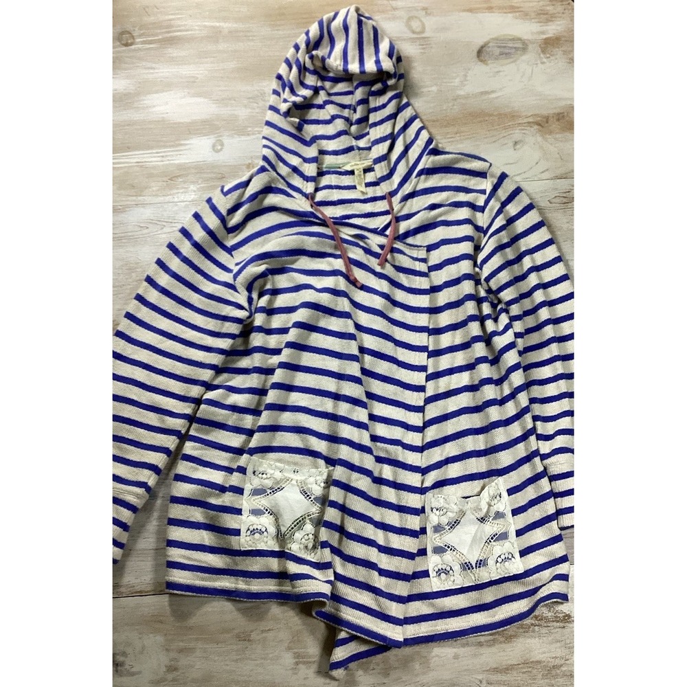 Matilda Jane Blue And White Striped Hood Cardigan With Lace Detail Womens Large